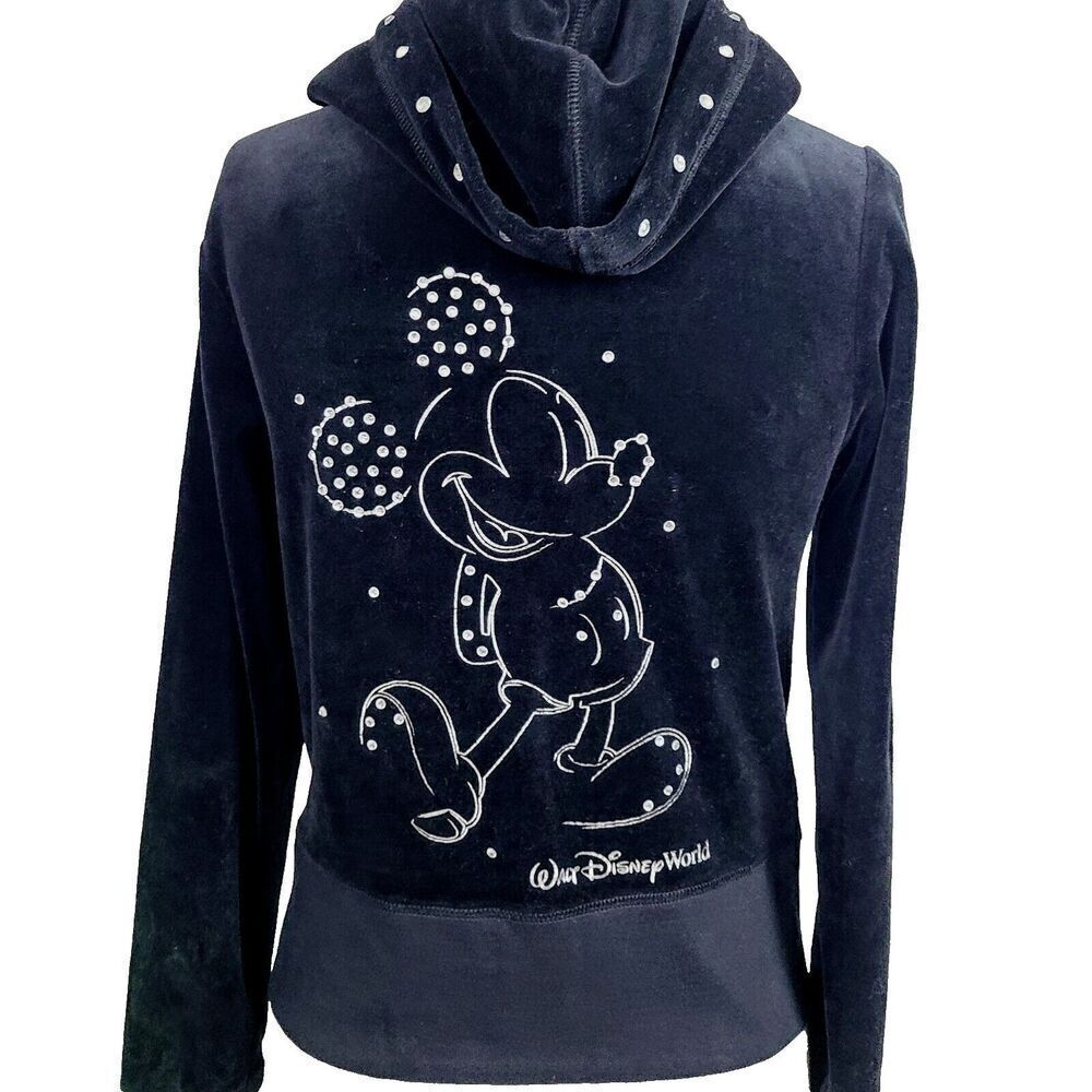 Disney Parks Jacket XS Black Velour Full-Zip Hooded Mickey Mouse Rhinestones - Picture 3 of 6